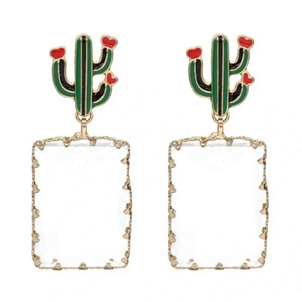 boutique NWT western southwestern Cactus Clear Crystal Drop Earrings in Gold